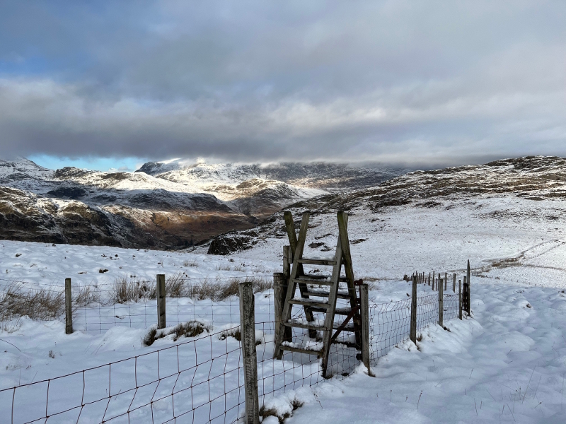 Snowy view over the Nantgwynant valley