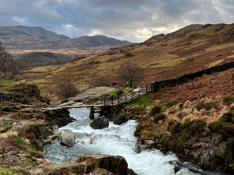 Watkin path waterfalls, old bridge and view of the Nantgwynant valley